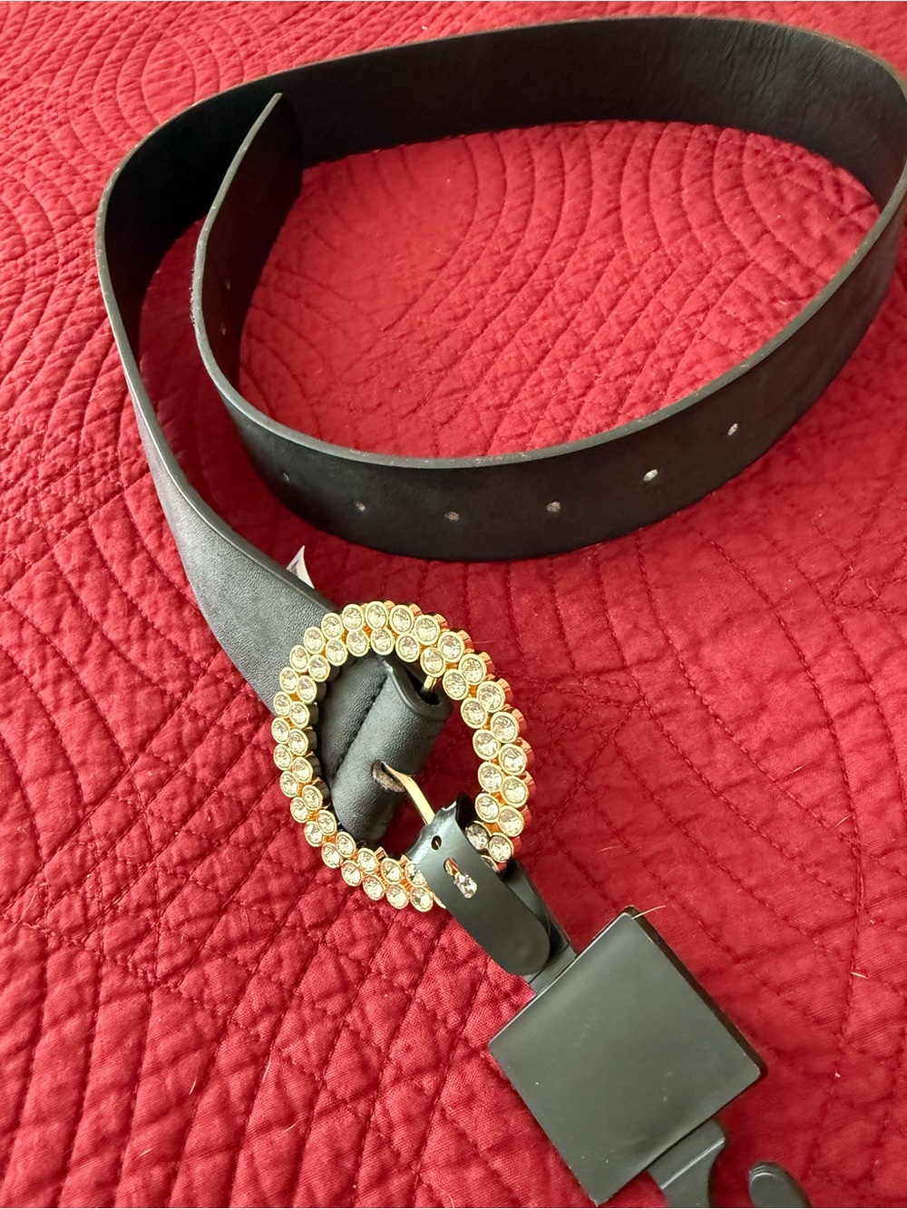Black Women's Belt with Gold Crystal Oval Buckle